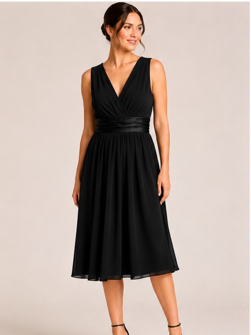 David's Bridal Black V-Neck Midi Dress with Satin Waistband